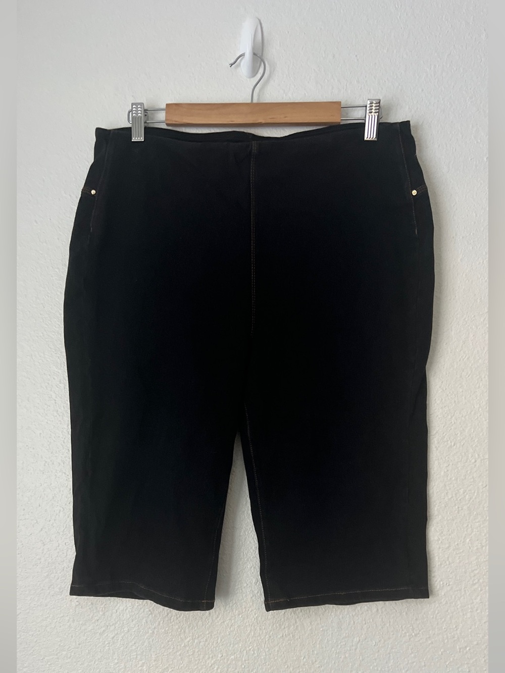 Lysse Womens Boyfriend Black Knit Denim Shorts XL High Waist Pull On Control 13"